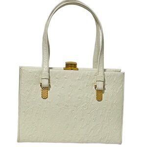 Vintage Ostrich leather Bag Handbag White Leather Gold Hardware